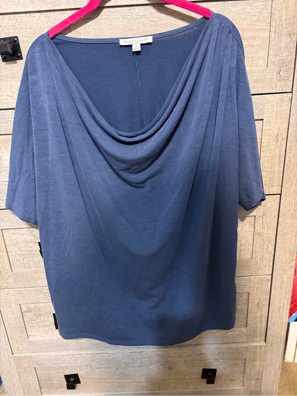 Green Envelope Draped Cowl-Neck Top in Slate Blue